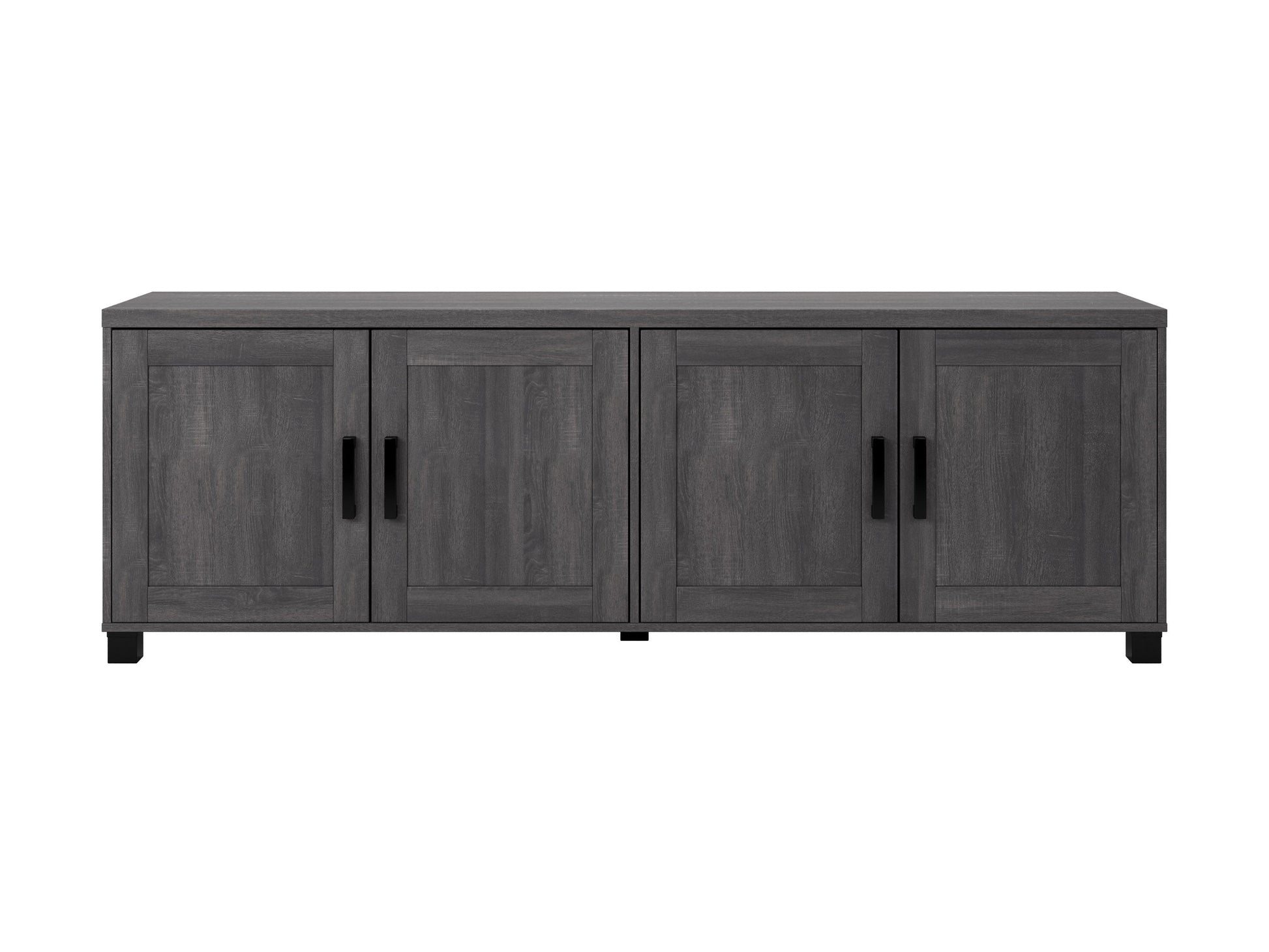 Dark grey TV stand with doors, fits TVs up to 85 inches, sleek minimalist design, sturdy wooden construction.