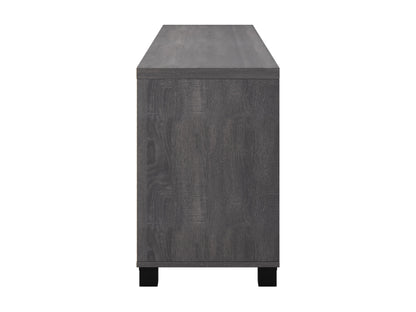 Dark grey TV stand for 85" TVs, featuring two doors, sleek design, and sturdy construction.