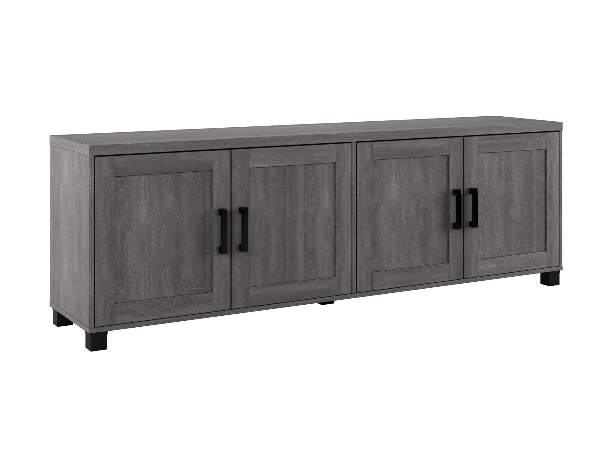 Dark grey TV stand with doors, fits up to 85" TVs, sleek minimalist design, sturdy wooden construction, ample storage.