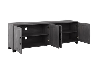 Dark grey TV stand with doors, fits TVs up to 85 inches, sleek modern design, ample storage space, durable construction.