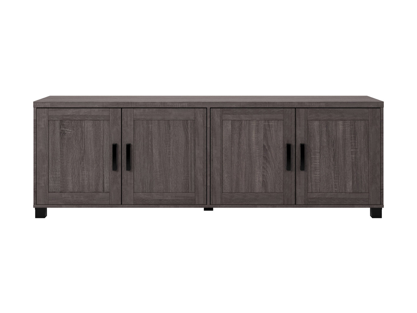 Brown wooden TV stand with doors, fits TVs up to 85 inches, modern design, ample storage space.