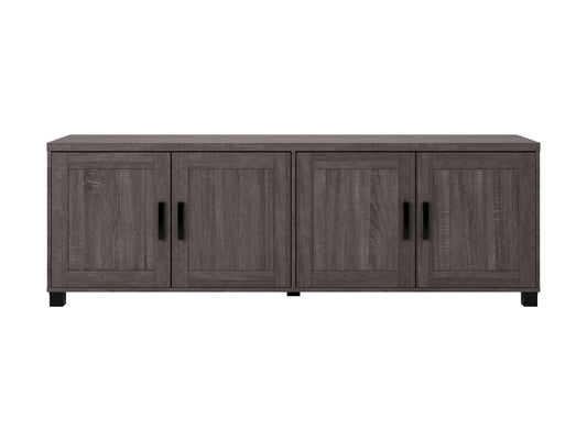 Brown wooden TV stand with doors, fits TVs up to 85 inches, modern design, ample storage space.