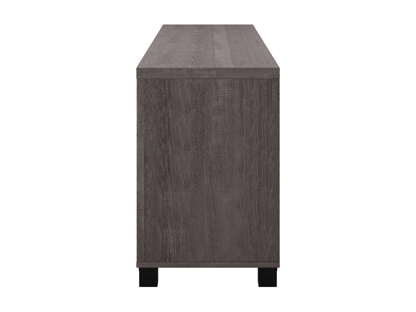 Brown wooden TV stand with doors, fits TVs up to 85 inches, modern design, ample storage, sleek finish.