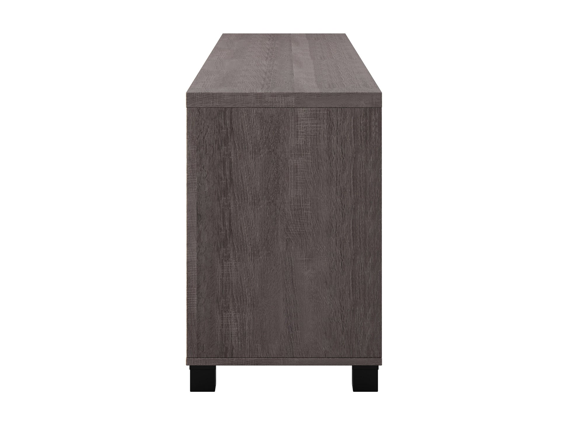 Brown wooden TV stand with doors, fits TVs up to 85 inches, modern design, ample storage, sleek finish.