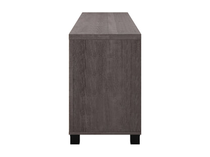 Brown wooden TV stand with doors, fits TVs up to 85 inches, modern design, ample storage, sleek finish.