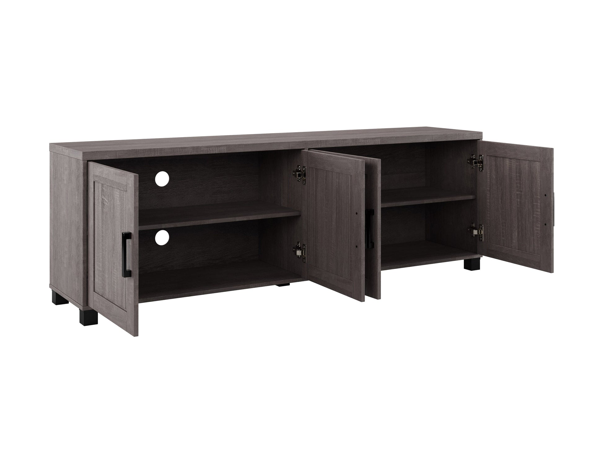 Brown TV stand with doors, suitable for TVs up to 85 inches, featuring a sleek design and ample storage space.