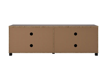 Brown wooden TV stand with doors, fits TVs up to 85 inches, sleek design, ample storage, and modern style.