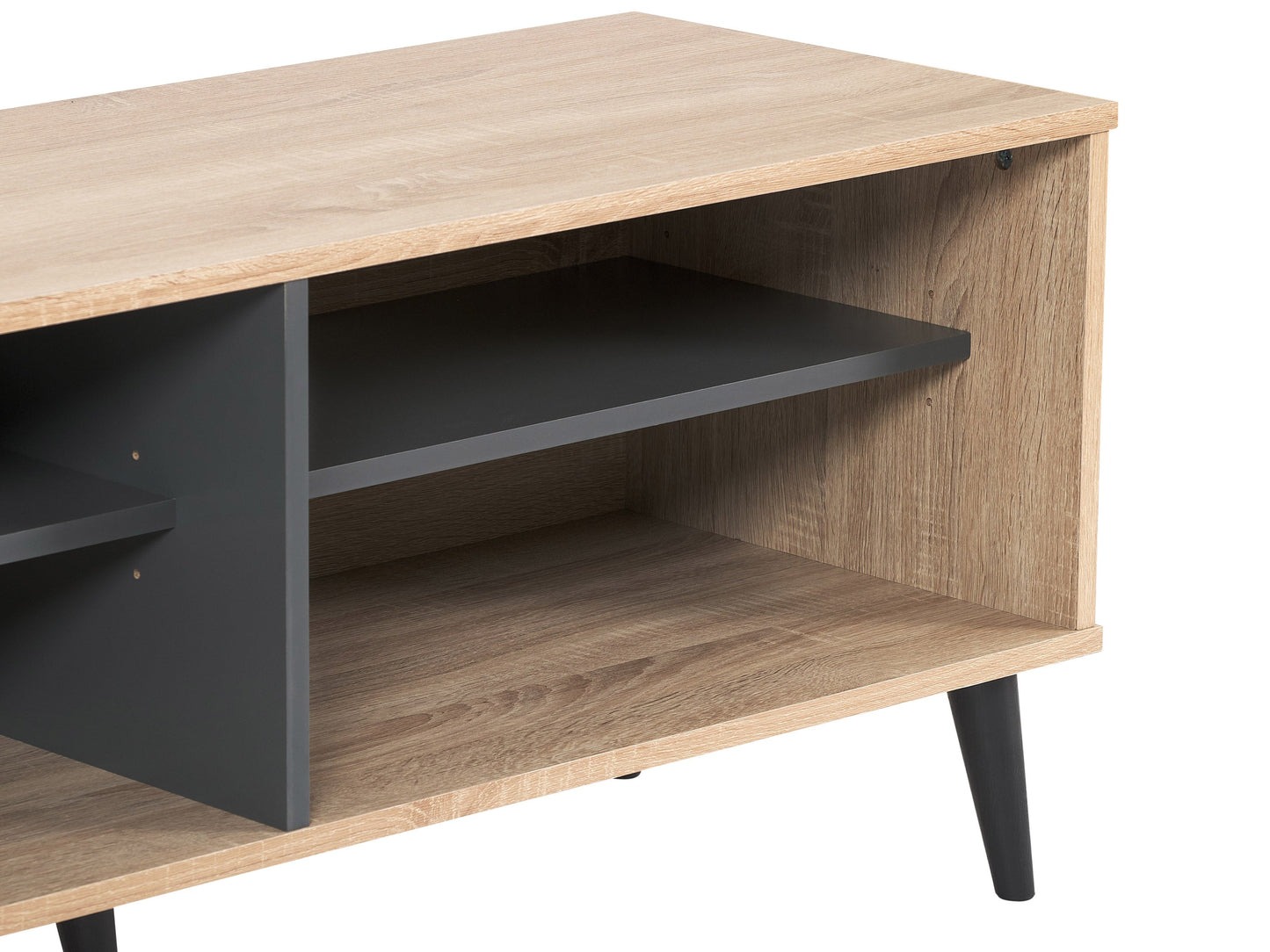 Light wood and grey TV stand with open shelves, fits up to 85" TVs, modern design, sturdy construction.