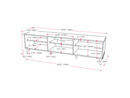 Light wood and grey TV stand with open shelves, fits TVs up to 85 inches, modern minimalist design.