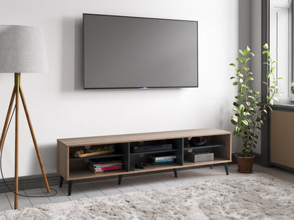 Light wood and grey TV bench with open shelves, fits TVs up to 85 inches, modern design, sturdy build.