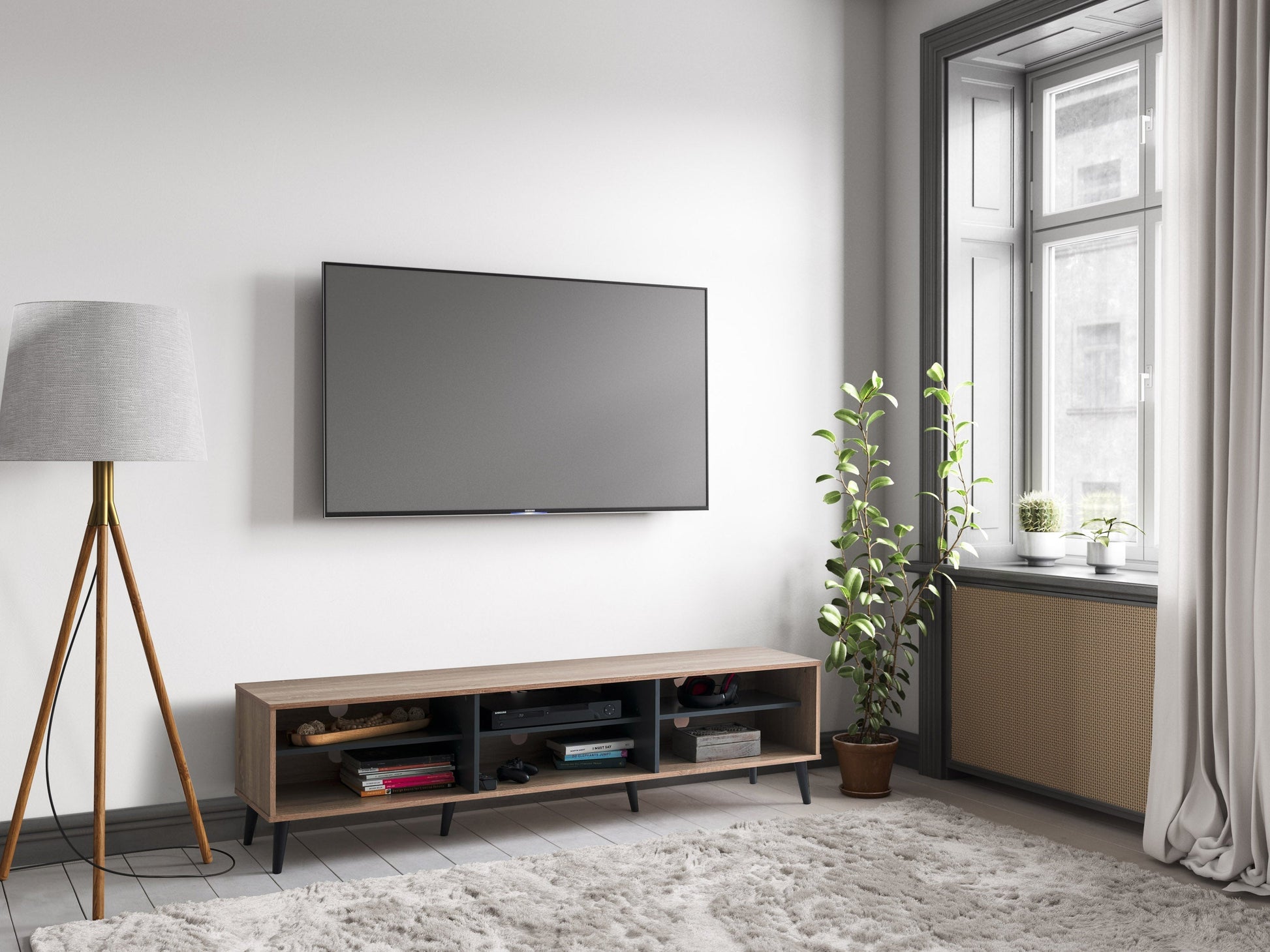 Light wood and grey TV stand with open shelves, fits TVs up to 85 inches, modern design, versatile storage.