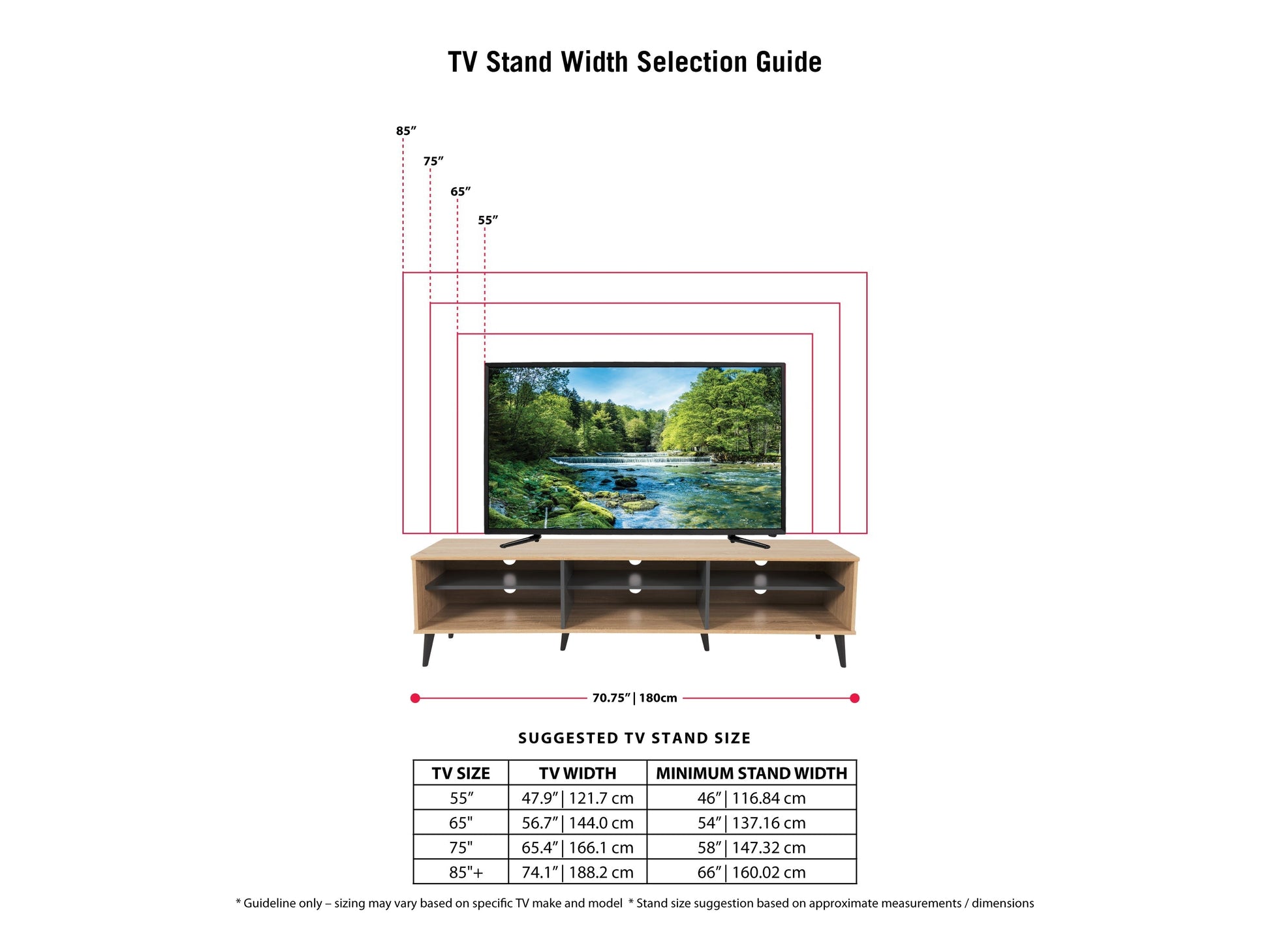 Light wood and grey TV stand with open shelves, fits TVs up to 85 inches, modern minimalist design.