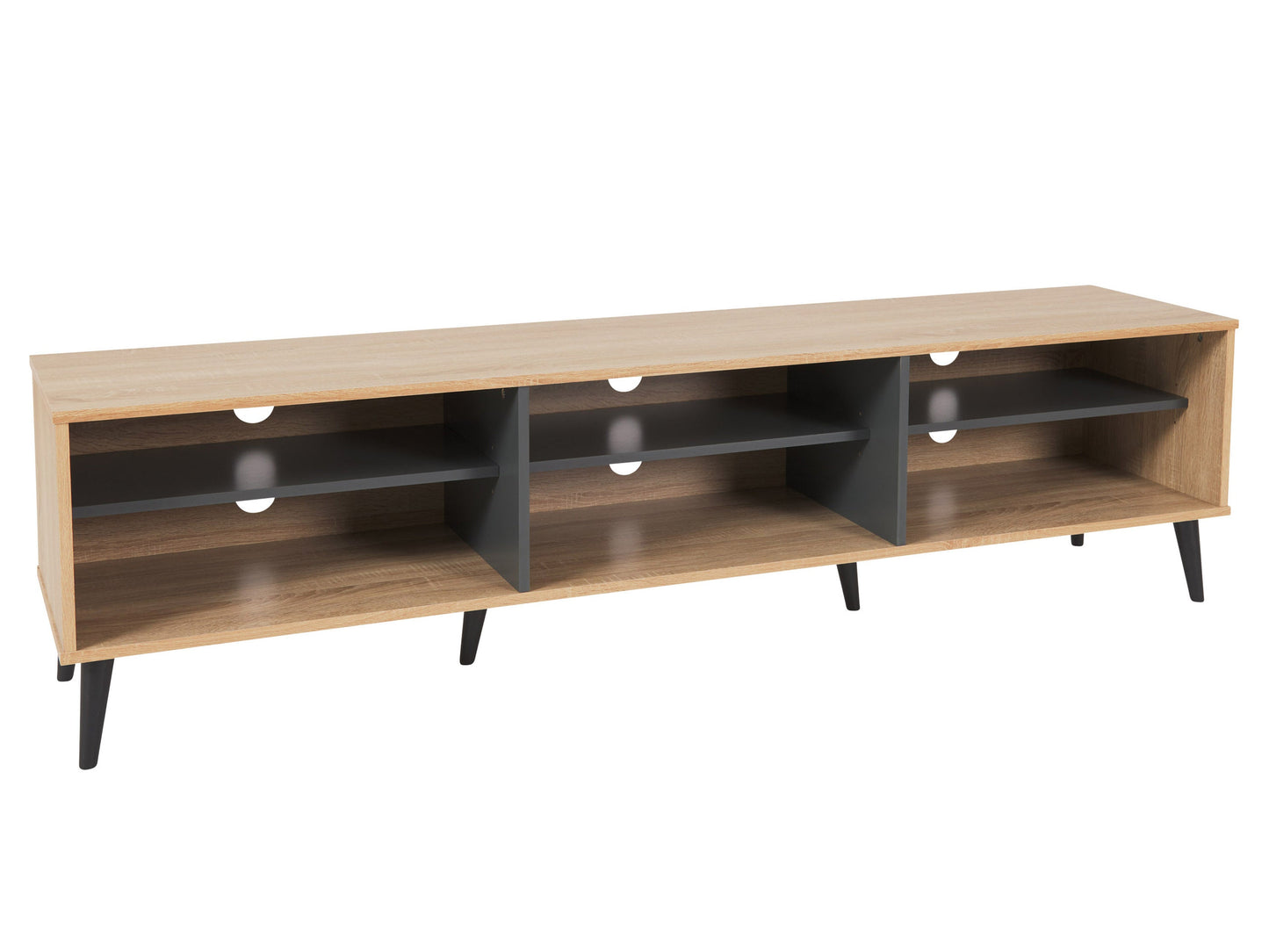 Light wood and grey TV stand with open shelves, fits TVs up to 85 inches, minimalist design, and sturdy construction.