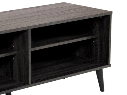 Dark grey TV stand with open shelves, fits TVs up to 85 inches, sleek modern design, durable wood construction.