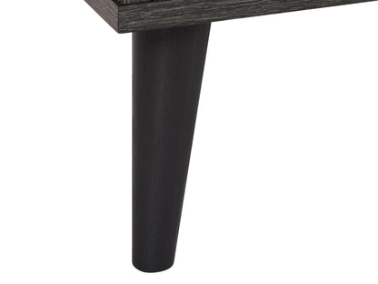 Dark grey TV stand with open shelves, fits TVs up to 85 inches, modern design, sturdy wood construction.