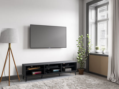 Dark grey TV stand with open shelves, fits TVs up to 85", modern minimalist design, sturdy wood and metal construction.