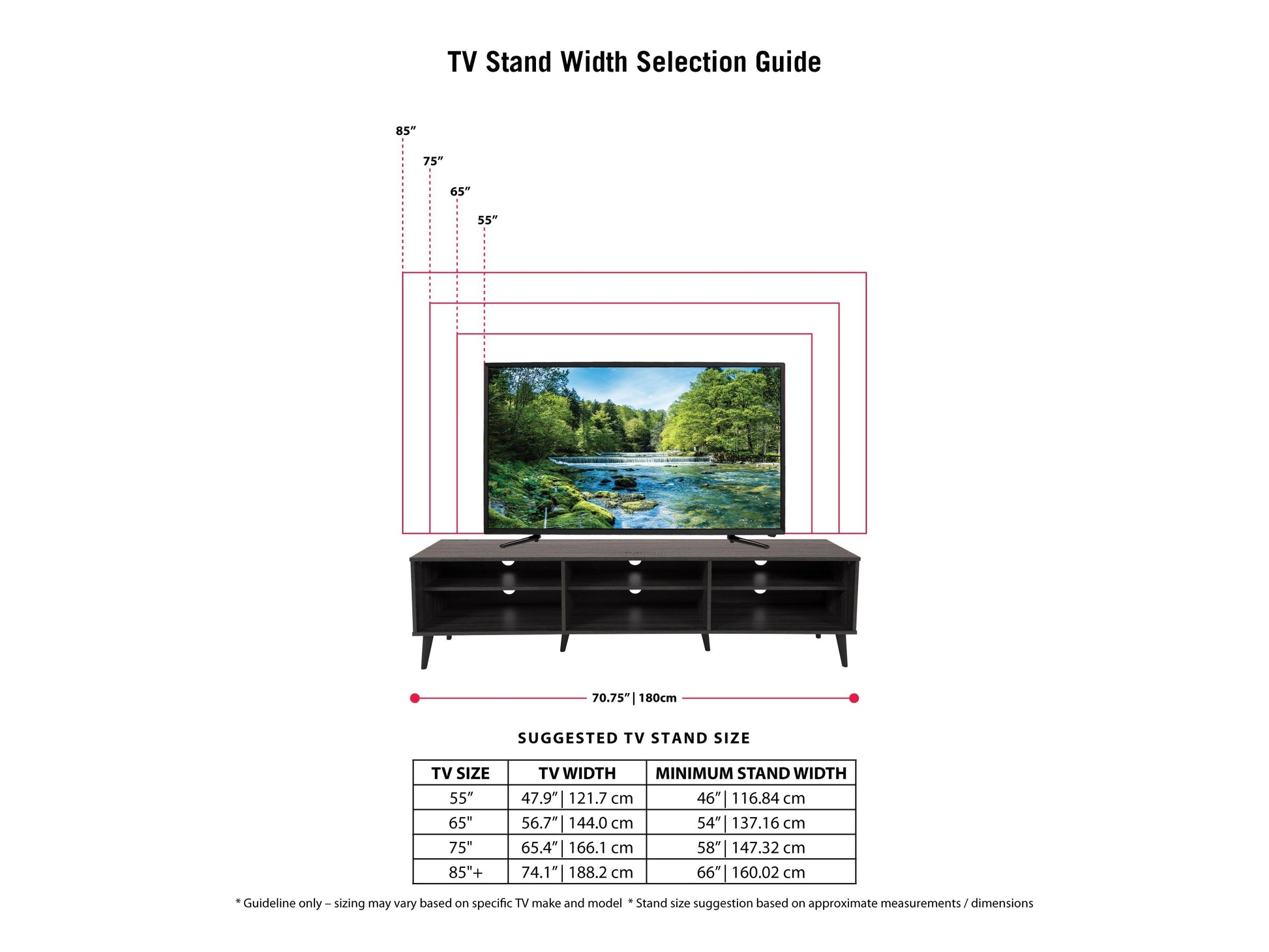 Dark grey TV stand with open shelves, fits TVs up to 85 inches, modern design, sleek lines, and ample storage space.