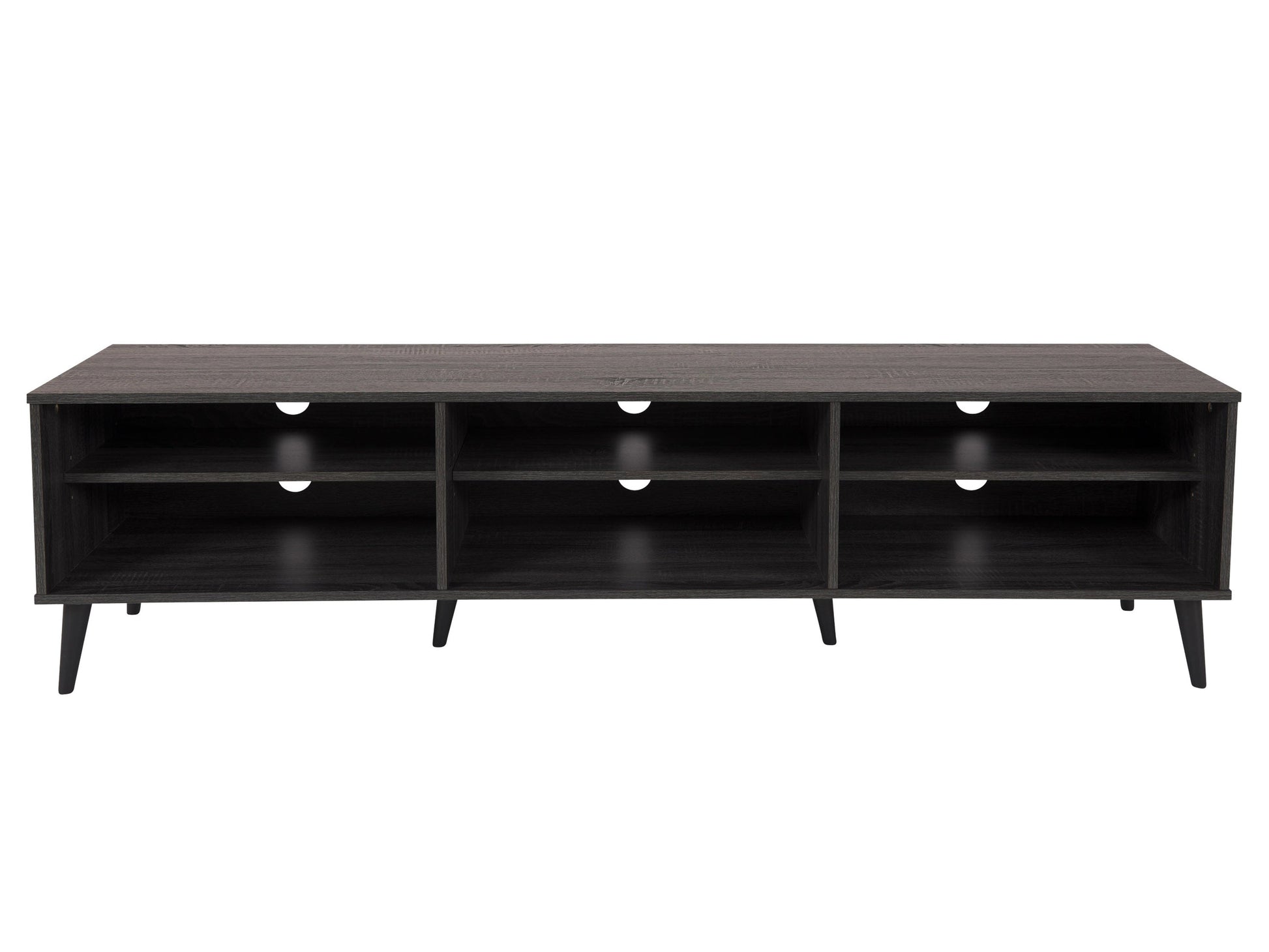 Dark grey TV stand with open shelves, fits TVs up to 85 inches, sleek design, modern furniture.