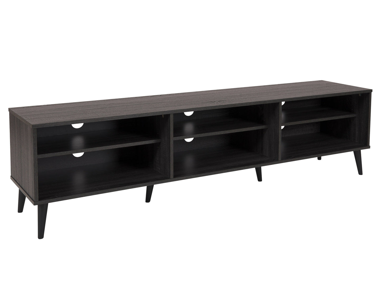 Dark grey TV stand with open shelves, fits up to 85" TVs, sleek modern design, sturdy construction.