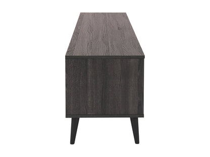 Dark grey TV stand with open shelves, fits TVs up to 85 inches, modern design, sturdy wood construction.