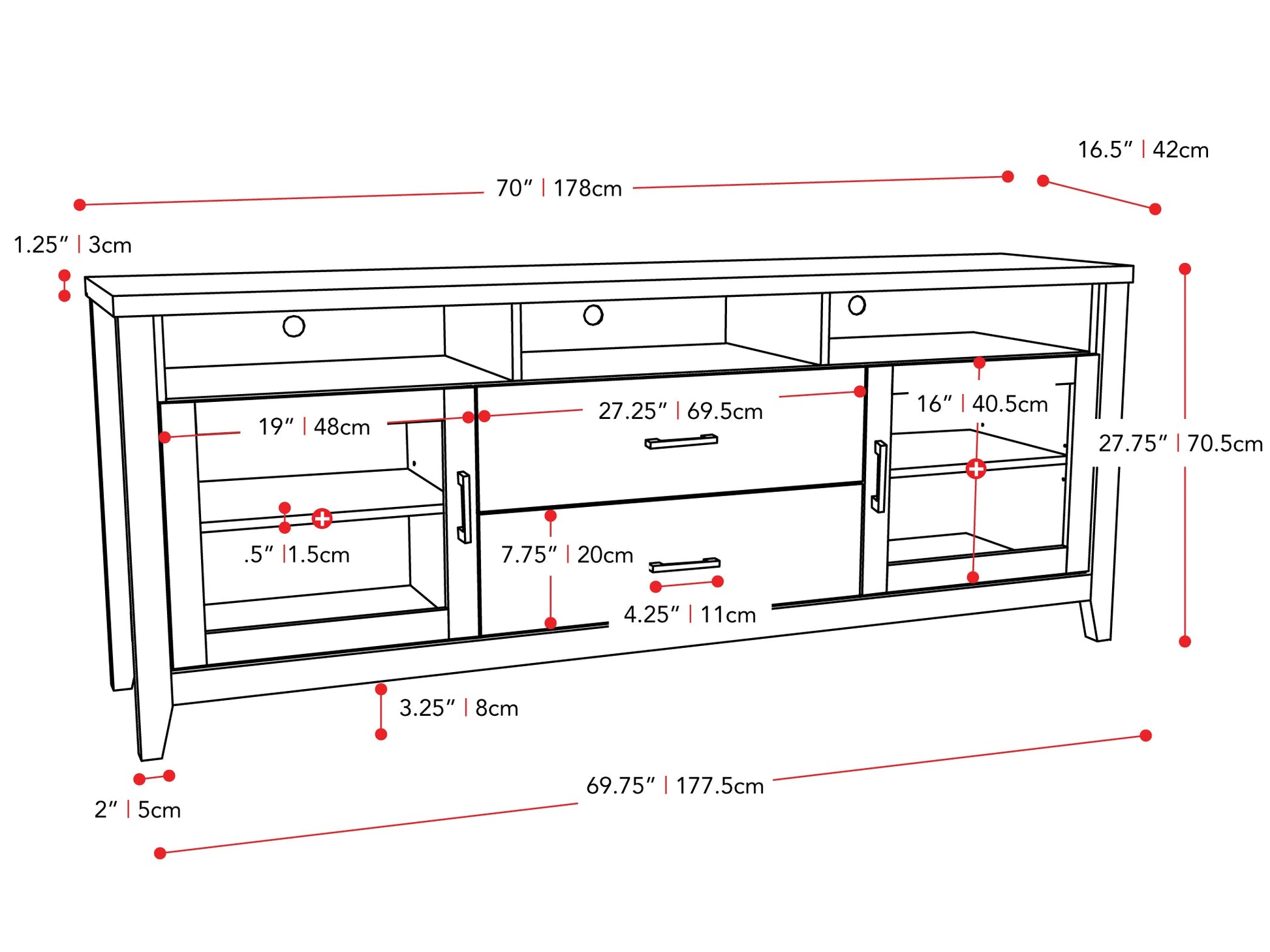 dark grey TV Cabinet with Drawers for TVs up to 85" Hollywood Collection measurements diagram by CorLiving#color_dark-grey