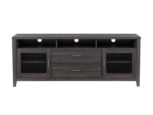 Modern wooden TV stand with two open shelves, two storage drawers, and a sleek, minimalist design. Features a warm walnut finish and black metal handles, perfect for contemporary living rooms.