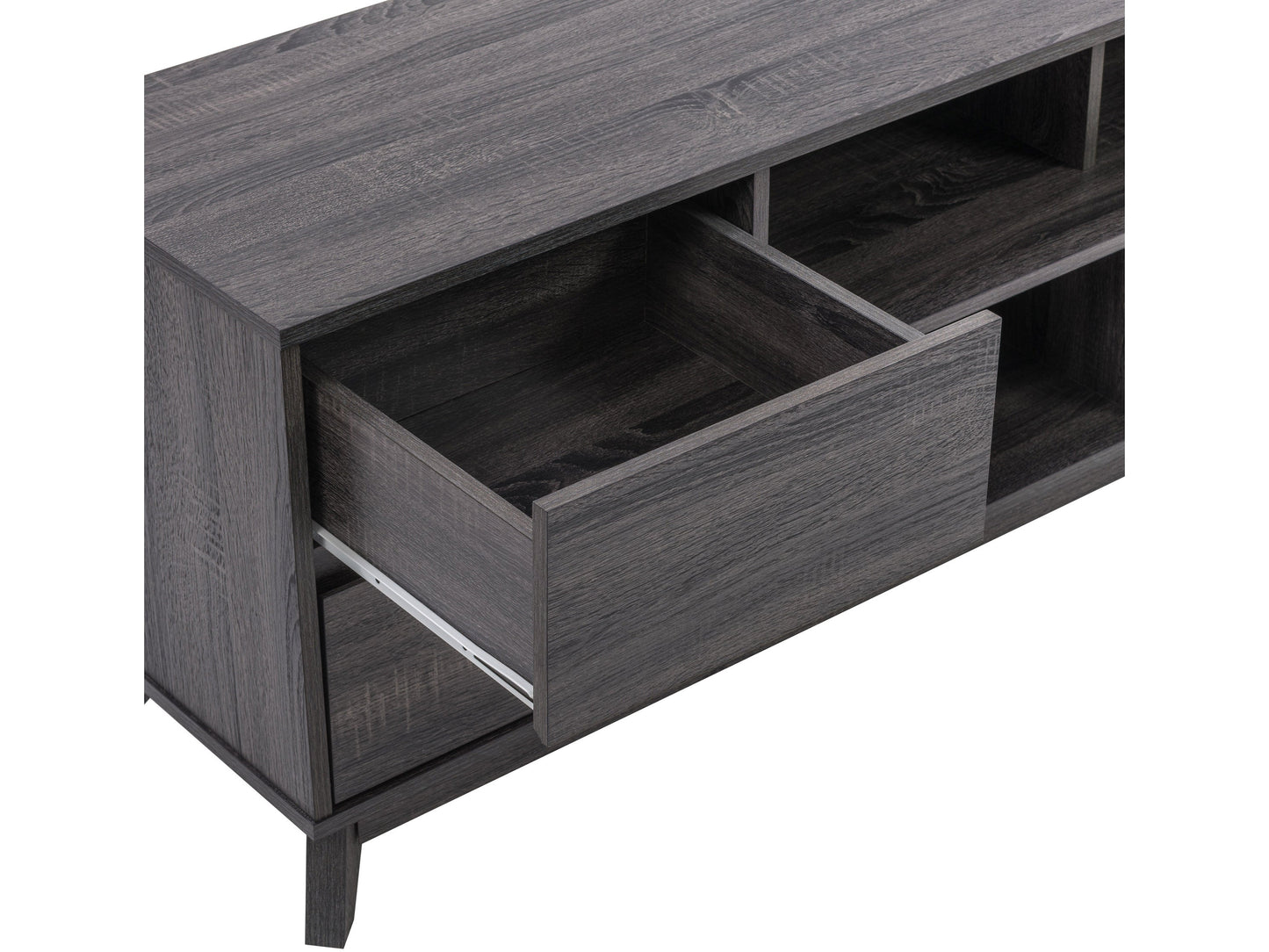 Grey modern TV stand for TVs up to 85 inches, with sleek design, open shelves, and sturdy wooden construction.