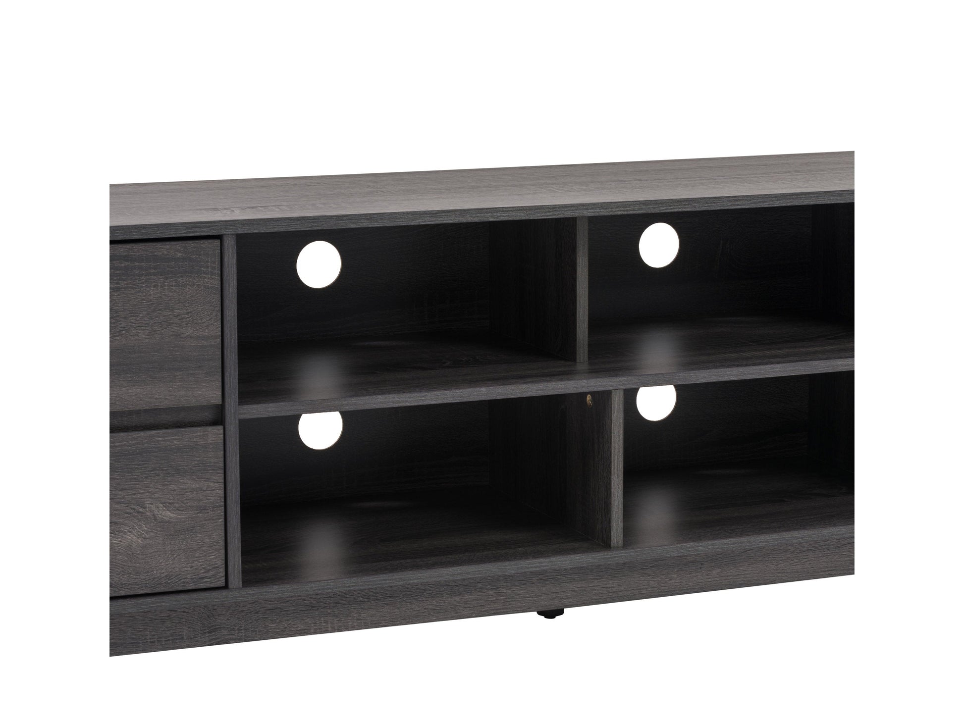 Modern grey TV stand for 85" TVs with sleek design, ample storage, and wooden legs.