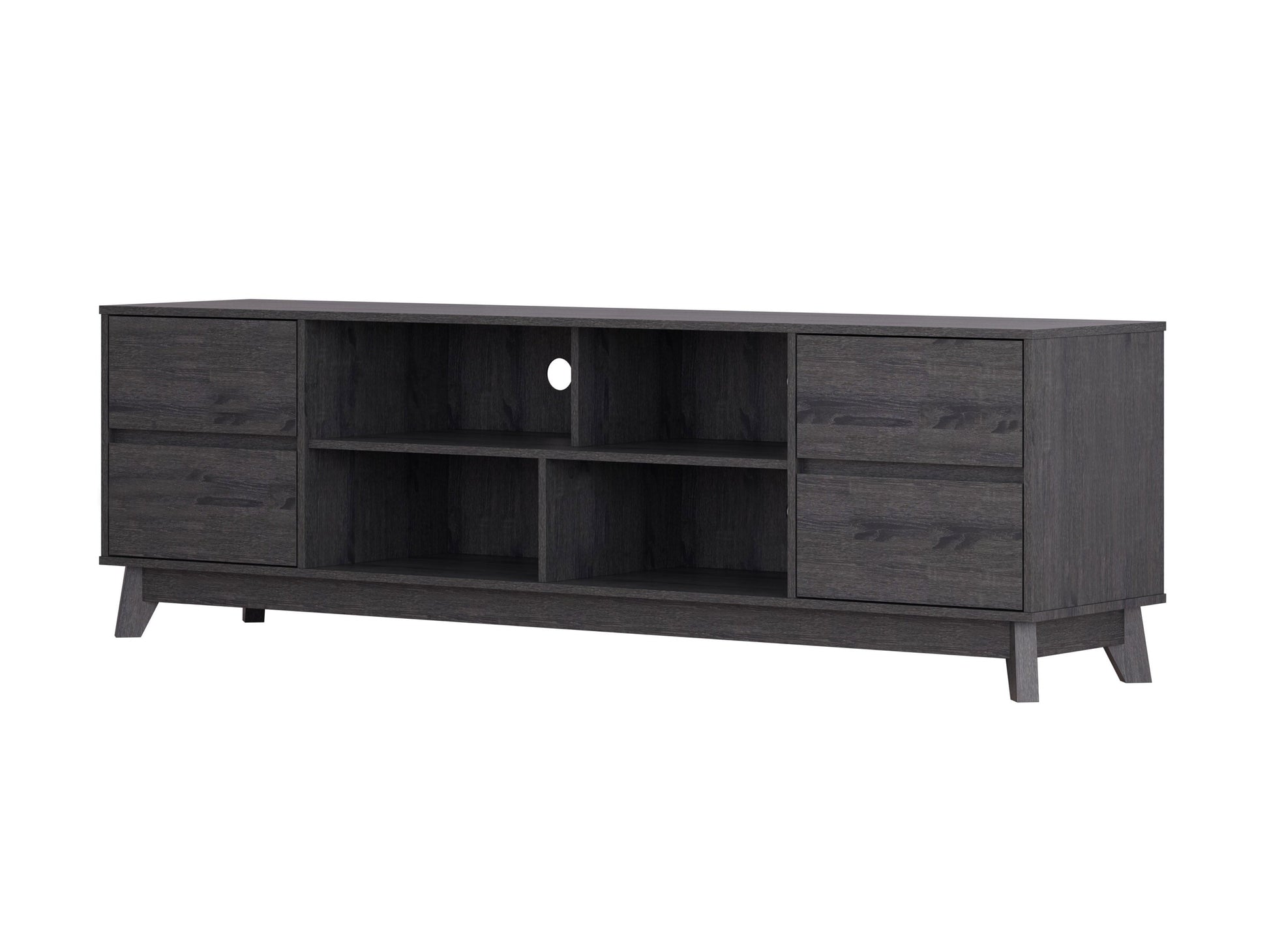 Grey modern TV stand for TVs up to 85", sleek design with storage shelves and wooden texture.