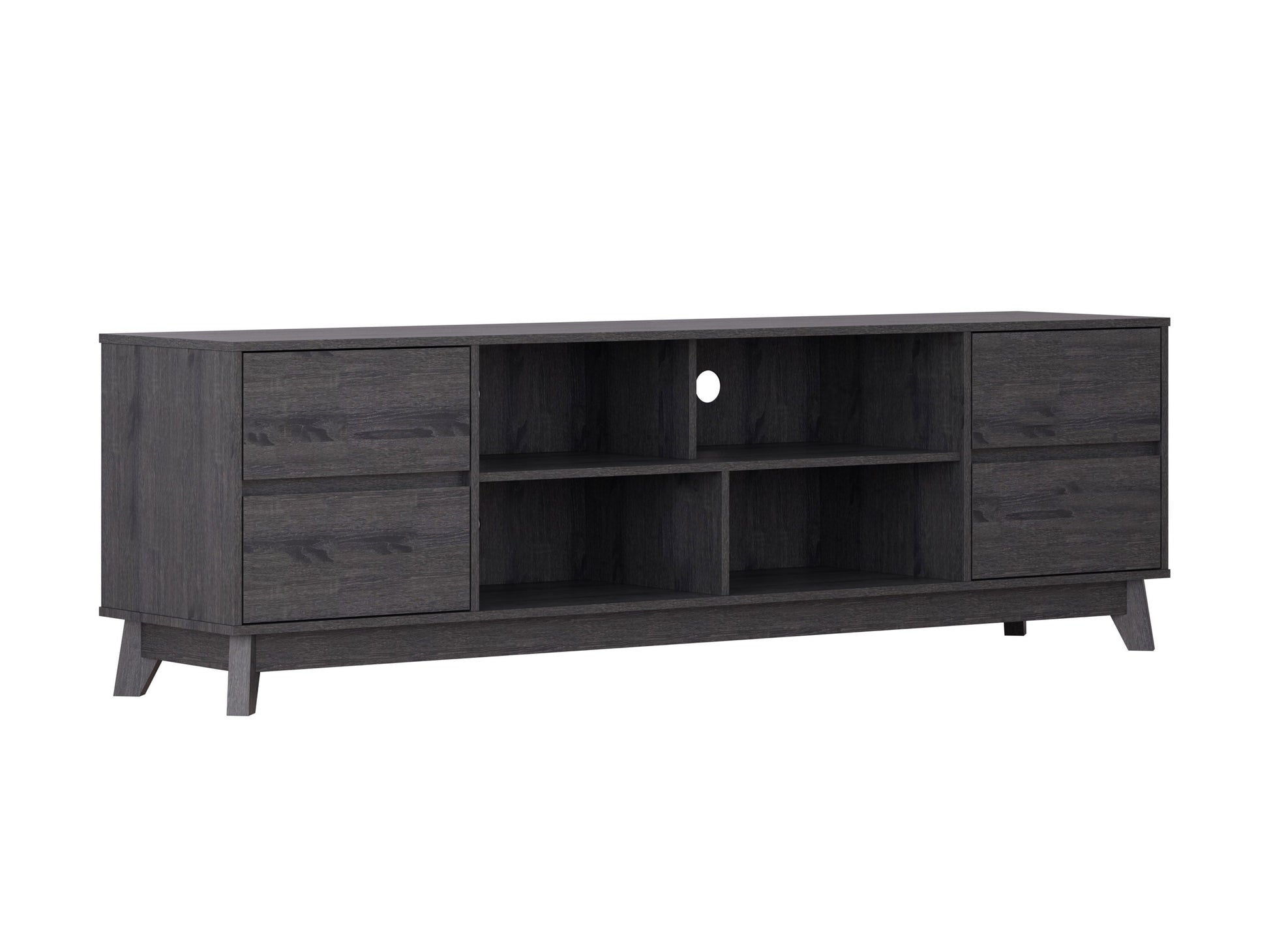 Modern grey TV stand for TVs up to 85", sleek design, wood texture, ample storage shelves, and cable management.