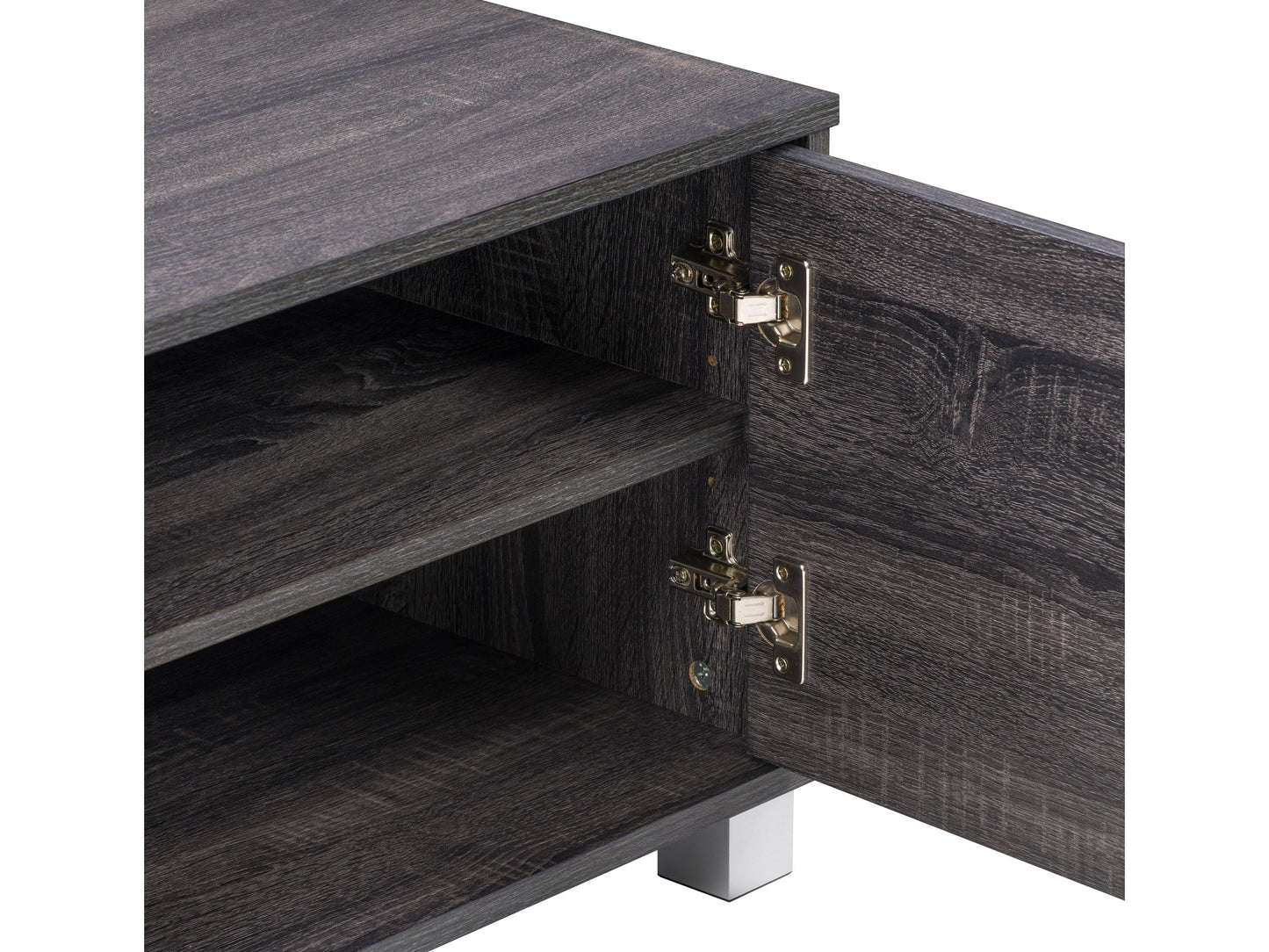 Dark grey modern TV stand for TVs up to 85 inches, featuring sleek lines and ample storage.