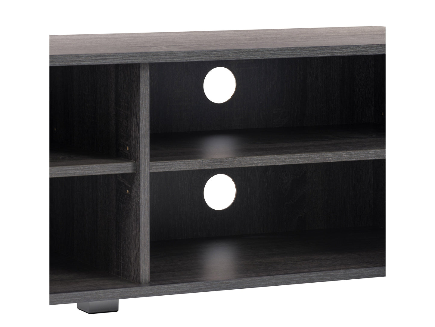 Dark grey modern TV stand for TVs up to 85", featuring sleek design, ample storage, and sturdy construction.