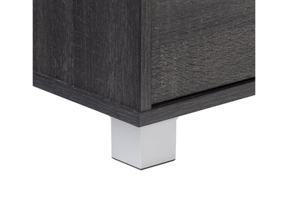 Dark grey modern TV stand for TVs up to 85 inches, featuring sleek lines, ample storage, and a minimalist design.