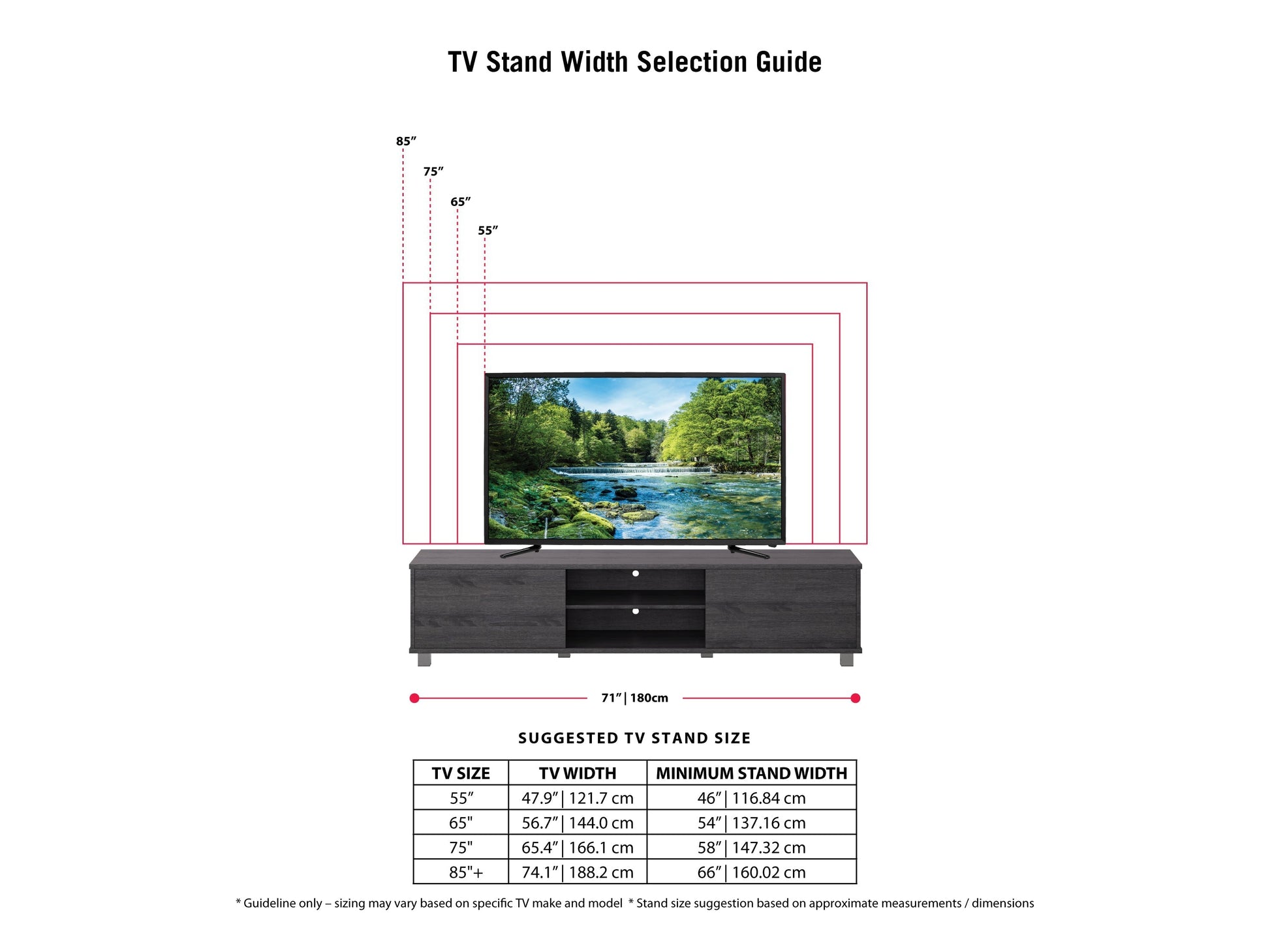 Modern dark grey TV stand for TVs up to 85 inches, featuring sleek design, ample storage, and sturdy construction.