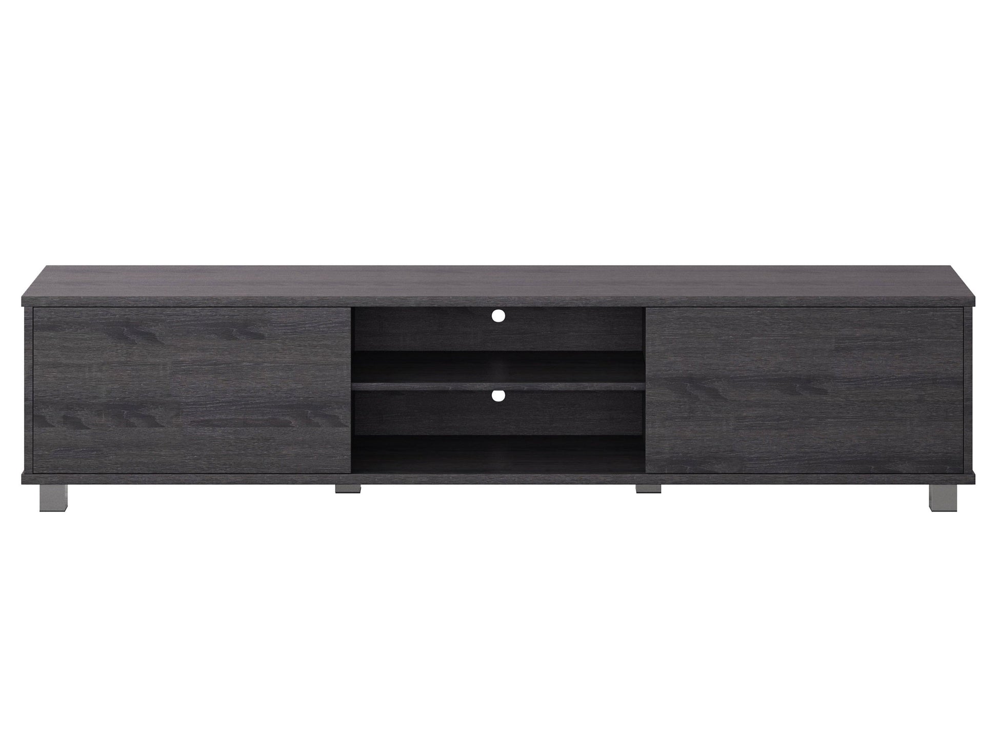 Dark grey modern TV stand for TVs up to 85 inches, featuring sleek lines and ample storage with a minimalist design.