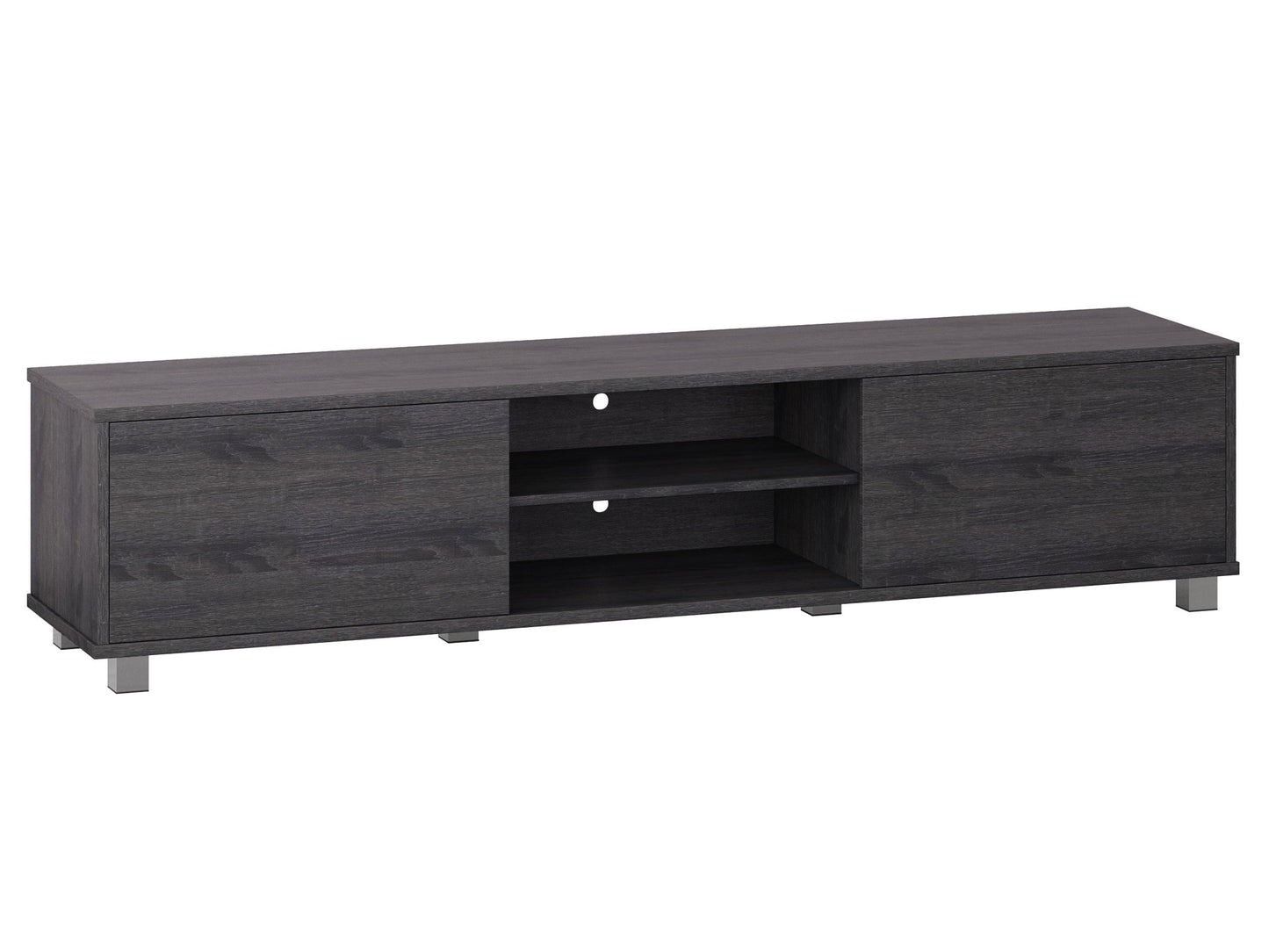 Dark grey modern TV stand for TVs up to 85", sleek design, ample storage, and sturdy wooden construction.