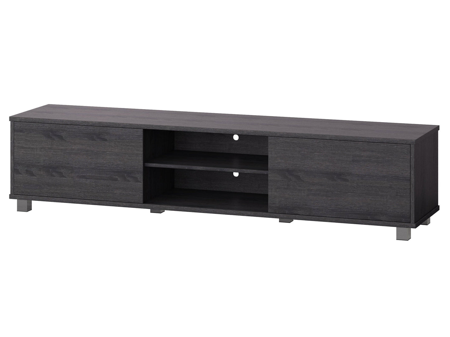 Dark grey modern TV stand for TVs up to 85 inches, sleek design with ample storage and cable management.