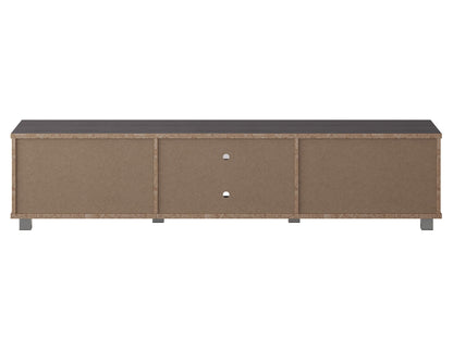 Dark grey modern TV stand for TVs up to 85", sleek design with storage shelves and cable management.