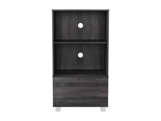 Modern media cabinet with white shelves, black metal frame, and minimalist design for stylish storage solutions