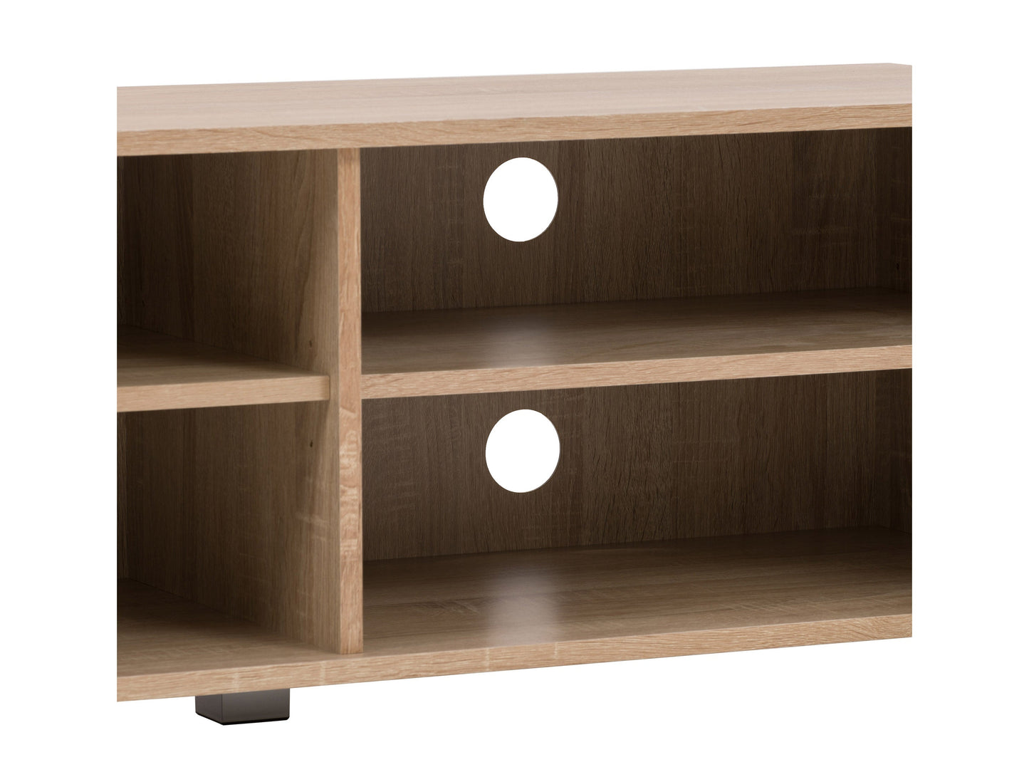 Brown and white modern TV stand for TVs up to 85 inches, featuring sleek lines and ample storage space.