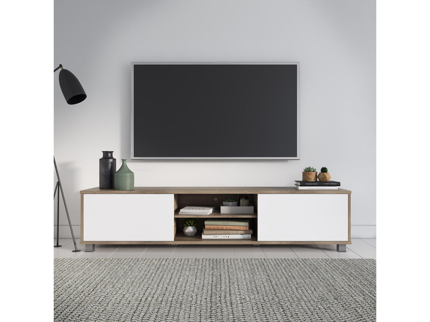 Brown and white modern TV stand for TVs up to 85 inches, featuring open shelving and sleek design.