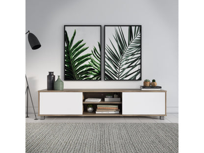 Brown and white modern TV stand for TVs up to 85 inches, featuring sleek design and ample storage space.