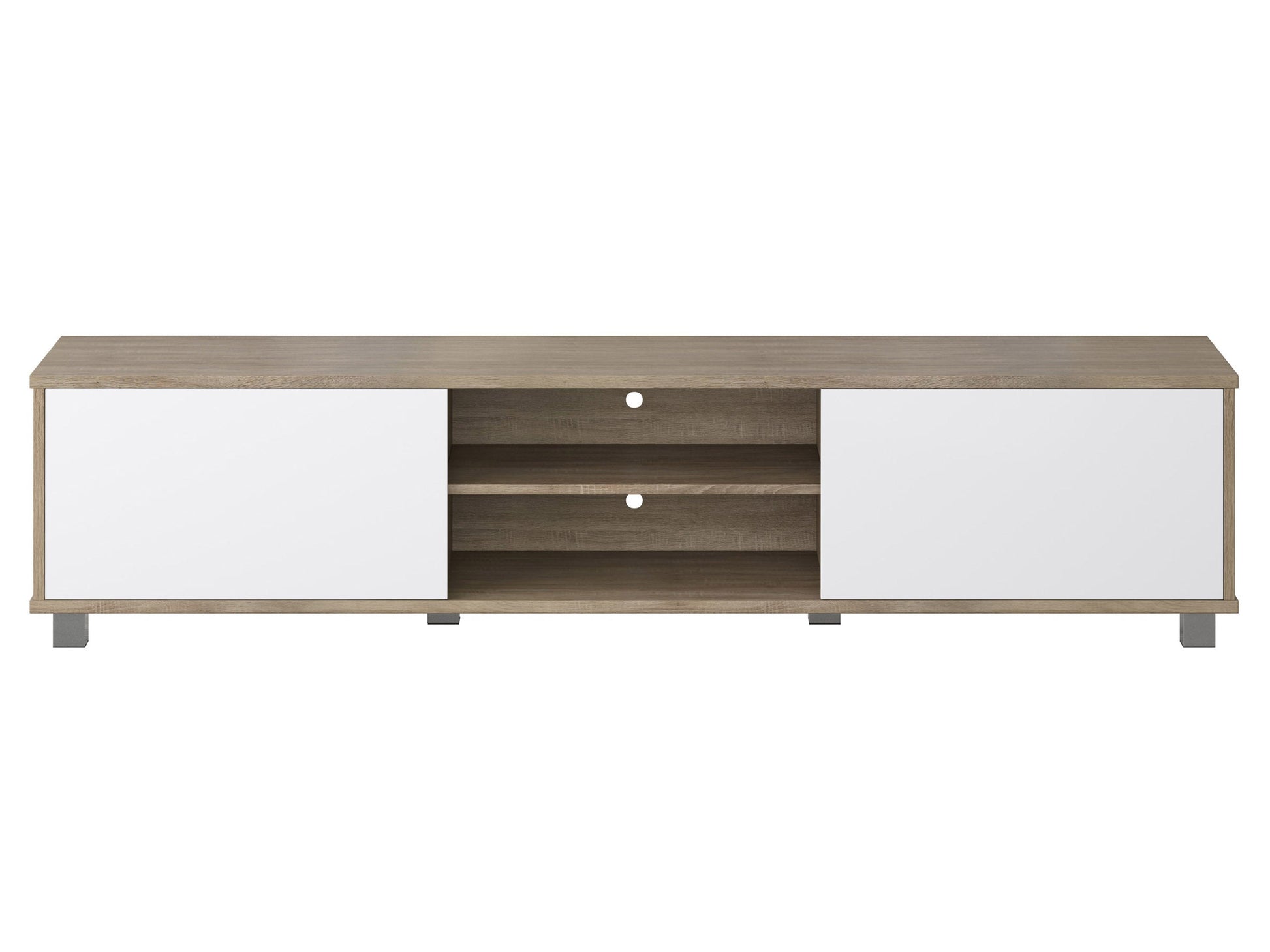 Brown and white modern TV stand for up to 85" TVs, featuring sleek design and ample storage space.