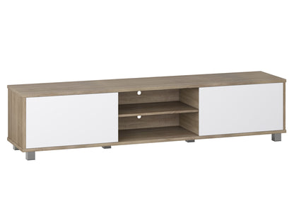 Modern brown and white TV stand for 85" TVs, featuring sleek design, ample storage, and durable wood construction.