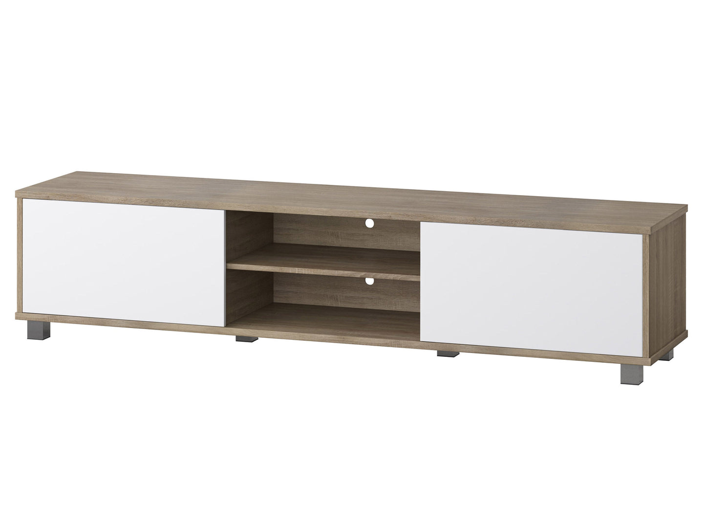 Modern brown and white TV stand for TVs up to 85 inches, sleek design with storage shelves and minimalist style