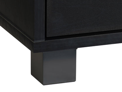 Black modern TV stand for TVs up to 85", sleek design with open shelving and closed storage compartments.