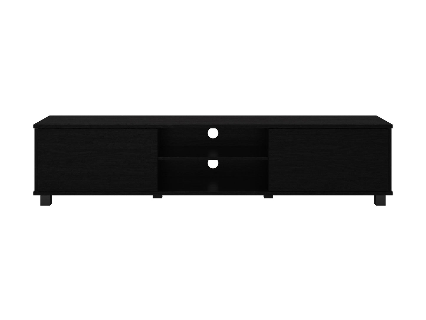 Black modern TV stand for TVs up to 85 inches, featuring sleek design and ample storage space.