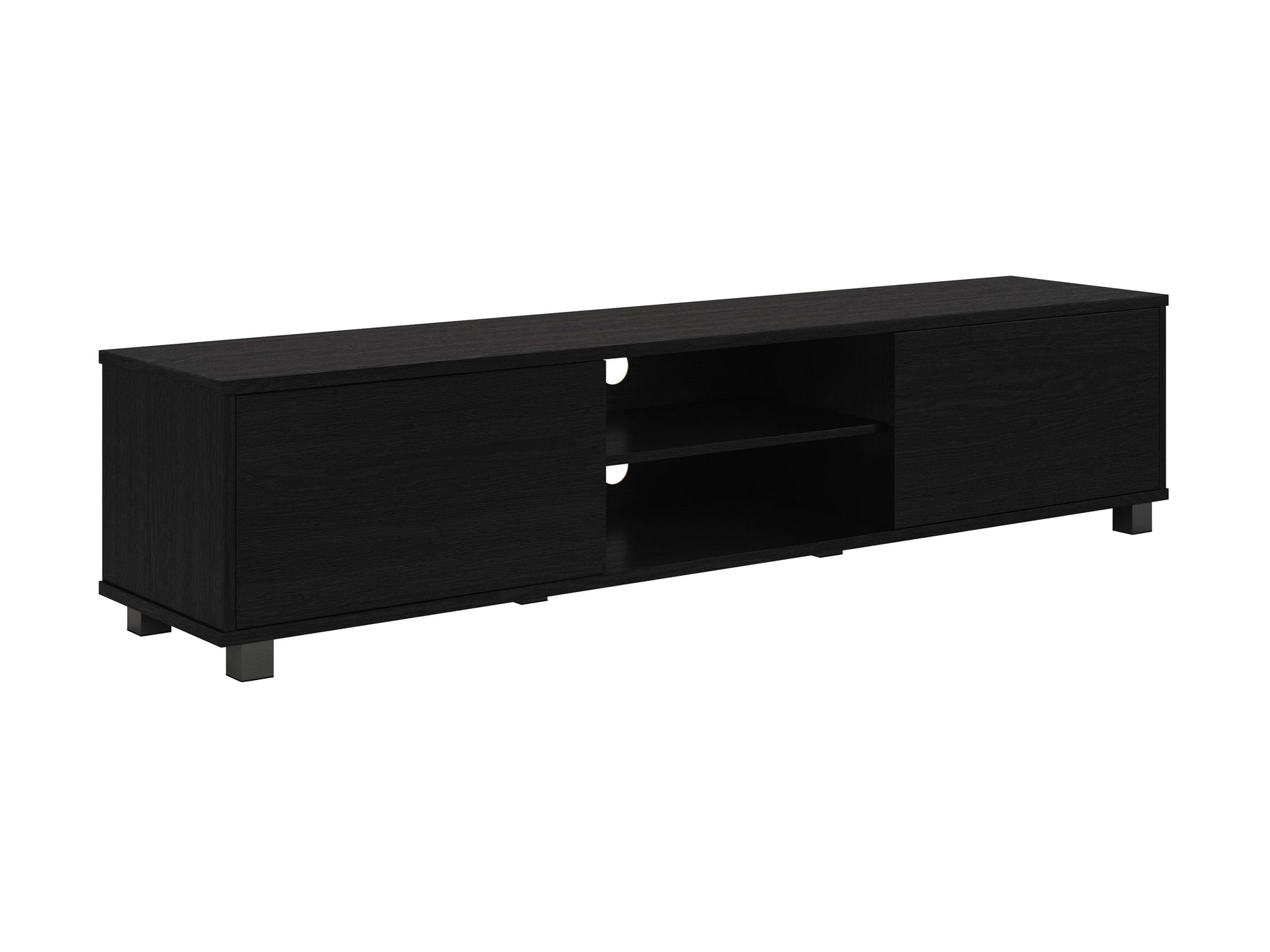 Black modern TV stand for TVs up to 85 inches, featuring sleek design and ample storage space.