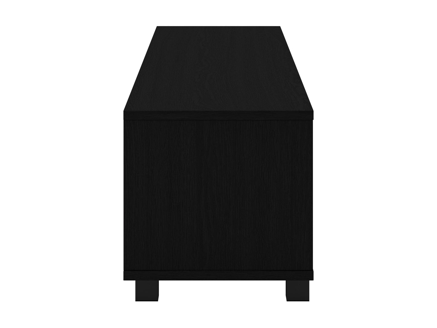 Modern black TV stand for 85" TVs, sleek design, open shelves, and cable management system.