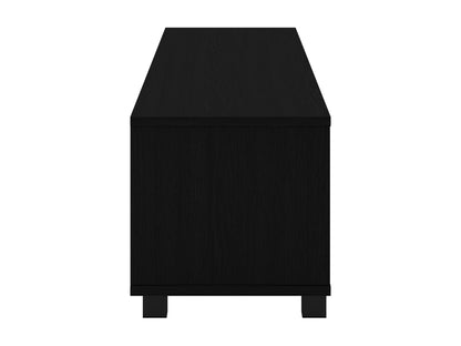 Modern black TV stand for 85" TVs, sleek design, open shelves, and cable management system.